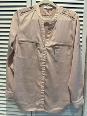 Calvin Klein Light Blush Pink Zip-Pocket Button-Tab Blouse